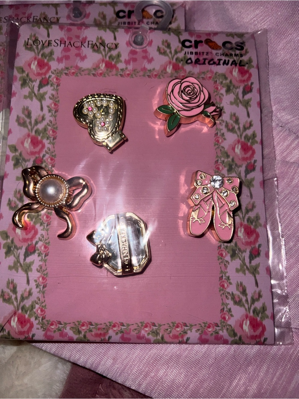 LoveShackFancy Pink and Gold Floral Jibbitz Charm Set